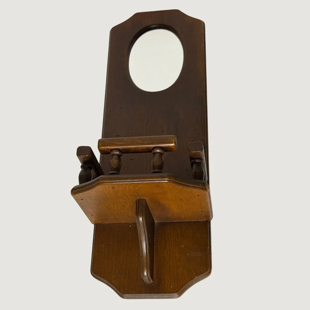 Vintage Early American Wood Wall Mirror Shelf Brown Rustic Farmhouse Home Decor